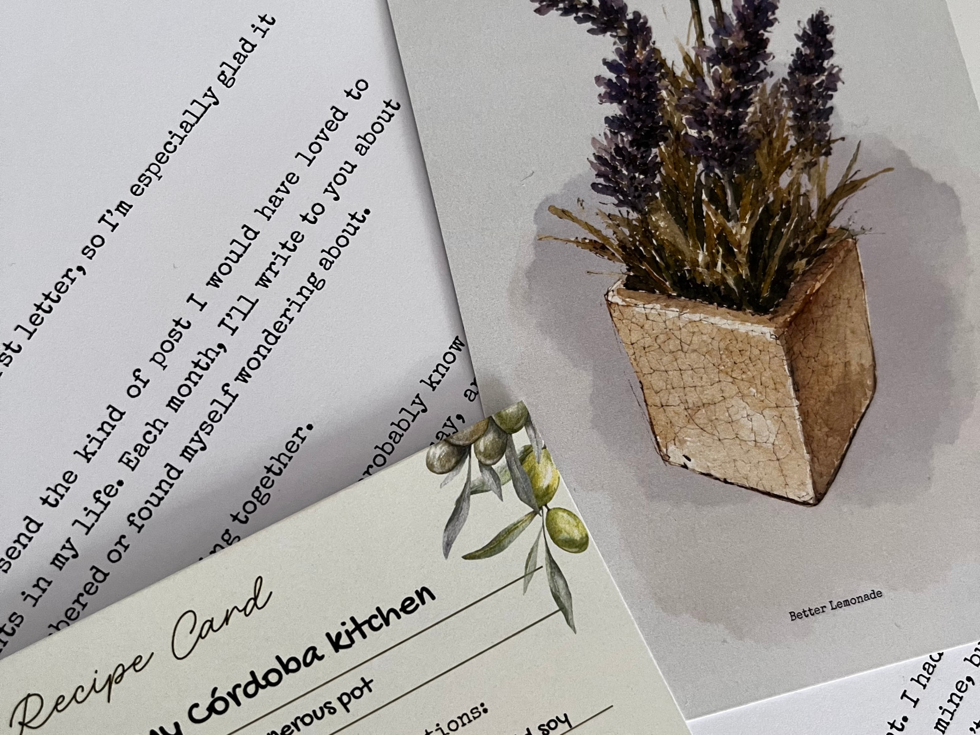 A lavender sprig in a paper pot, a recipe card and a typewritten letter arranged on a soft grey surface